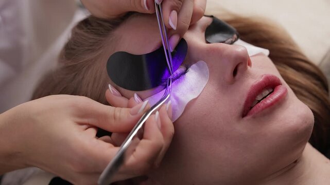 Caucasian young female undergoing professional eyelash led extension procedure, modern Beauty treatment.