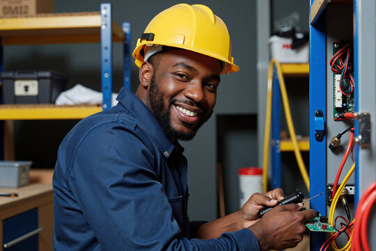 Happy male electrician in a yellow hard hat smiling warmly while using a smartphone, checking data or taking a break from wiring a panel