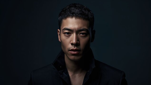 Intense gaze from a striking young man with tousled hair, exuding confidence and modern style in a dark, atmospheric portrait.