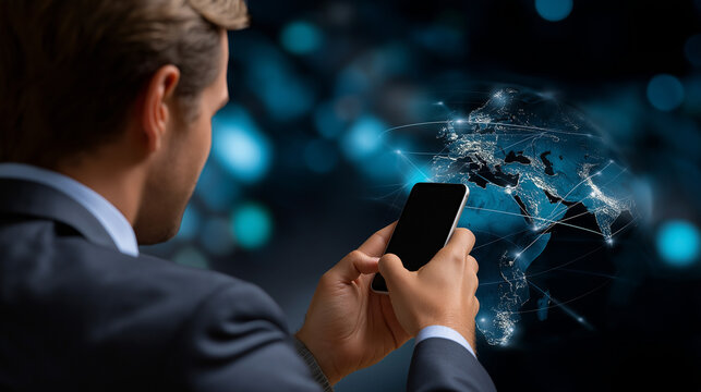 Back view of executive using smartphone with clear focused holographic global network and information flow, with copy space