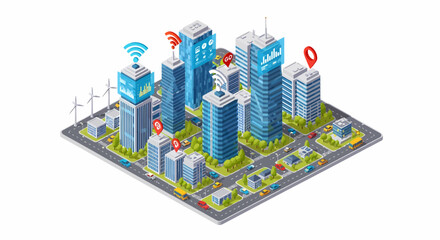 Smart city vector isometric, advanced technology and urban planning for sustainable development and business growth