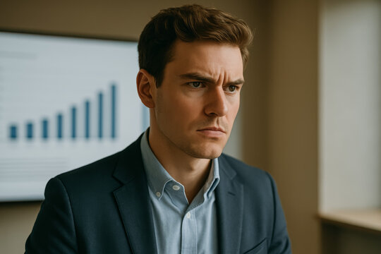 Serious young businessman focused on presentation in corporate setting