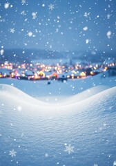 Vertical magical Christmas eve background. Snowy village scene with glowing lights at dusk. Festive social media post or card. Copy space area