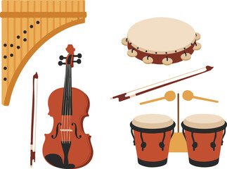 Musical Instruments: Pan Flute Violin Tambourine Bongo Drums.
