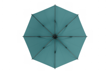 Teal outdoor umbrella for sunshade on transparent background, top view showing symmetrical octagonal shape