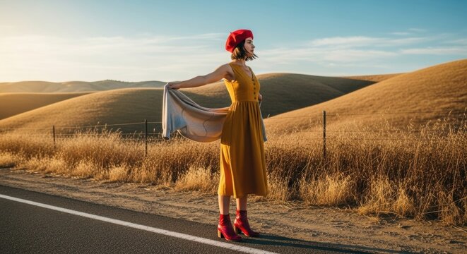 Stylish female traveler in a red beret and yellow dress. Road trip adventure through golden hills. Lifestyle concept of freedom and self discovery during a scenic journey