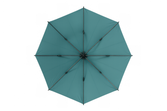 Teal outdoor umbrella for sunshade on transparent background, top view showing symmetrical octagonal shape