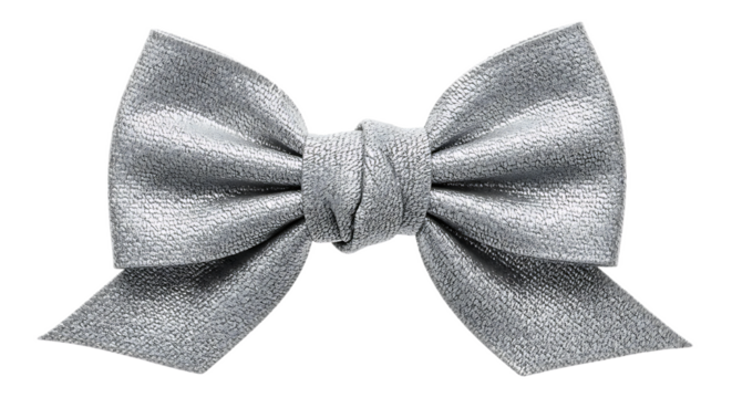 Close up of a shiny silver bow tie with a textured surface against a black background space