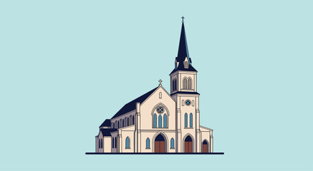 Majestic church building with tall steeple and arched windows on a clear blue sky background, evoking faith and tradition