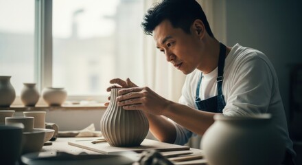 Focused Asian male potter creating handmade ceramics. Artisan entrepreneur in a creative studio workshop. Crafting a textured earthenware vase with skilled hands. Small business concept
