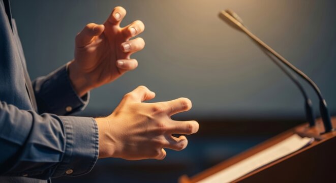 A speaker's expressive hand gestures during a presentation at a podium with a microphone. Close-up of a person giving a speech at a conference. Public speaking and communication concept