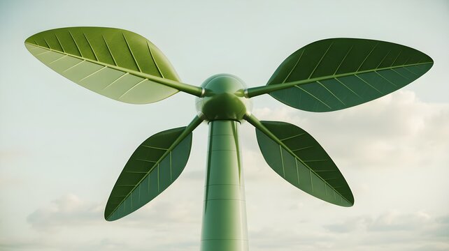 Creative wind turbine designed as green leaves. Eco-friendly renewable energy concept merging nature and technology.