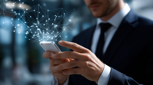 Anonymous executive's profile blurred while focused mobile screen with network visualization stays clear, with copy space - Powered by Adobe