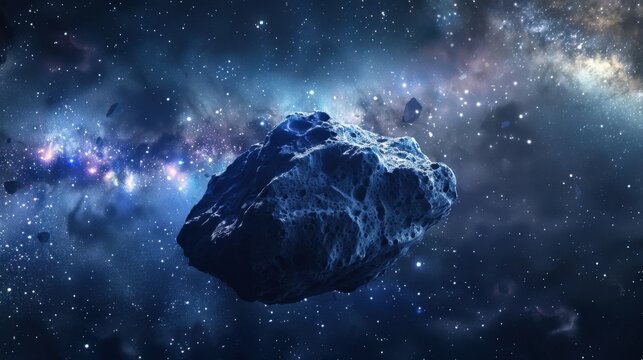 A large asteroid floats in the vastness of space. Stars and galaxies create a colorful backdrop, showcasing the beauty of the universe.