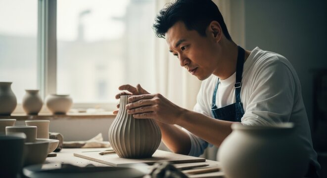 Focused Asian male potter creating handmade ceramics. Artisan entrepreneur in a creative studio workshop. Crafting a textured earthenware vase with skilled hands. Small business concept
