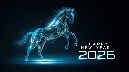 Digital horse galloping in glowing blue light welcomes the New Year 2026 with a futuristic theme. 2026 Symbol of the Year Concept.