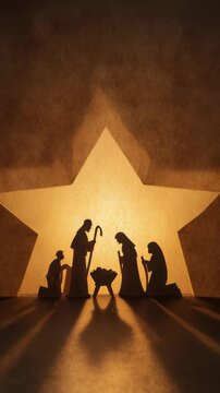 Traditional nativity scene silhouettes are set against a radiant star, symbolizing the birth of Jesus. The image evokes festive, spiritual, and serene Christmas feelings