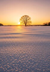 Merry Christmas vertical winter landscape with isolated tree at sunrise over snow field, perfect for serene eve card or social media post. Copy space area