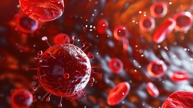 Close-up view of red blood cells and viruses in a bloodstream. The scene illustrates the interaction between blood components and pathogens. - Powered by Adobe