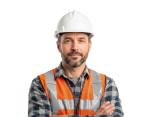 A confident male construction worker wearing a white hard hat and a high visibility safety vest isolated on transparent background