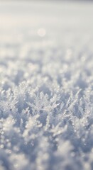 Vertical macro photo shows snow crystals, frost texture. Cold, white, minimalist winter background. Christmas social media post or card. Copy space area