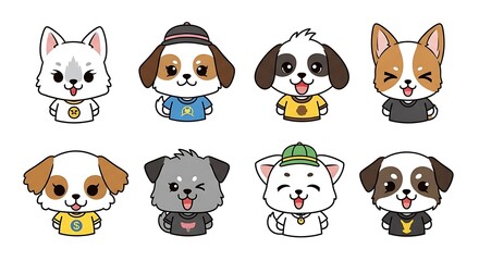 Obraz premium Collection of eight cute cartoon puppies with different expressions and accessories, wearing tshirts and hats, with big eyes and happy smiles, isolated on white background