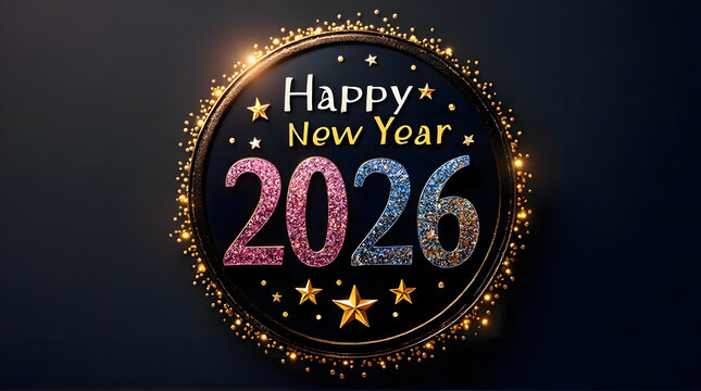 Vibrant Happy New Year 2026 Marquee Sign in Gold Circle Frame