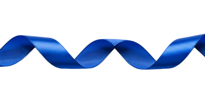 A single royal blue satin ribbon gracefully undulating against a stark black background in a studio shot