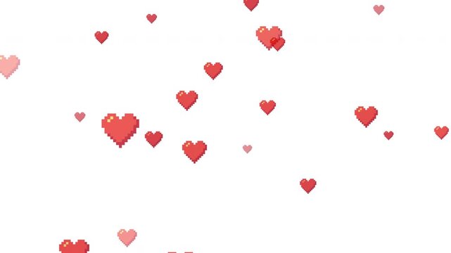 Flying pixel hearts on white background. Valentine's day backdrop. 2d animation. 4k stock footage
