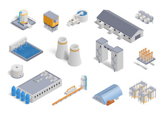 Obraz premium Isometric industrial buildings. Water, gas and plant power station. Manufacturing production chimney. Business warehouse for storage. 3D architecture. Vector factory constructions set