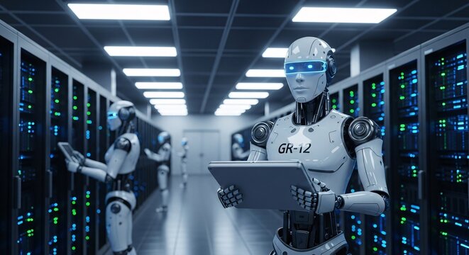 Futuristic robots managing data center servers with advanced technology, perfect for illustrating AI, cybersecurity, and digital transformation in a modern tech landscape