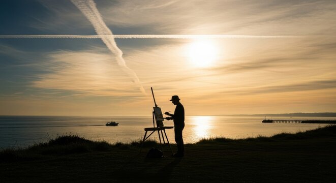 Male artist silhouette painting on an easel by the sea. Golden hour inspiration for a creative hobby. Outdoor lifestyle and mindful solitude. Passion project and artistic freedom concept