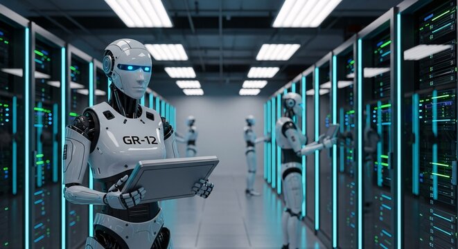Futuristic robots maintaining servers in a data center, showcasing advanced technology and automation for IT infrastructure management and AI solutions in a modern environment