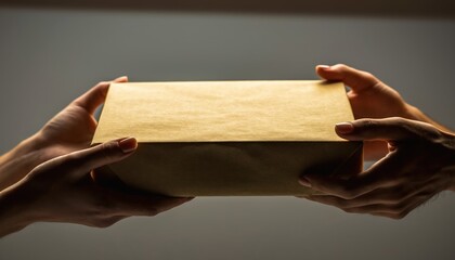 Hands exchanging cardboard parcel on neutral background, delivery and gift concept
