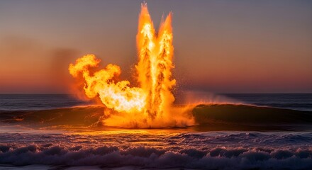 A spectacular display of elemental power as a fiery burst of energy merges with a cresting ocean wave, creating a glowing fusion effect at sunset