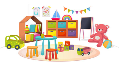 Fototapeta premium Kindergarten room. Kid school classroom. Nursery play table for preschool. Elementary class. Toys and cars on carpet. Game furniture. Daycare playroom. Children interior. Vector background