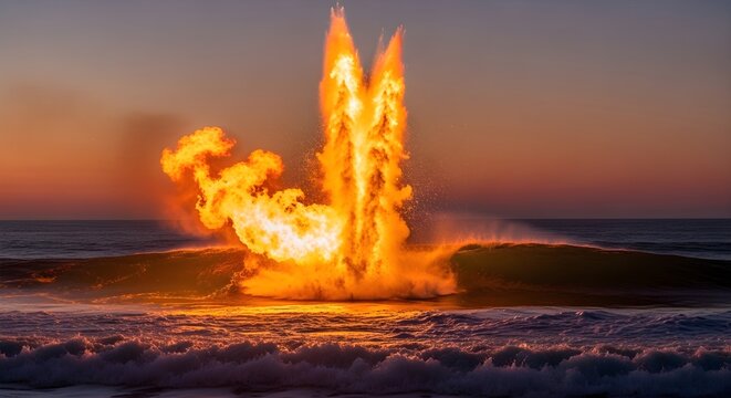 A spectacular display of elemental power as a fiery burst of energy merges with a cresting ocean wave, creating a glowing fusion effect at sunset - Powered by Adobe