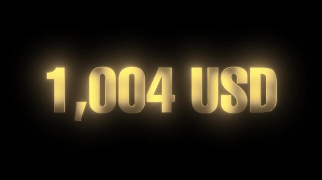 Golden number with usd dollar counting text from 0 to 2000 animation isolated on black background