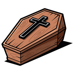 Stylized Wooden Coffin with Black Cross and Shadow Vector Illustration