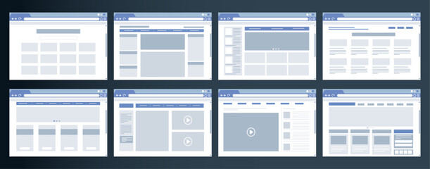 Browser window. Internet website icon. Example of flat web layout. Chat page header. Sitemap interface. Webpage banner prototype. News homepage. Search bar. Vector design templates set