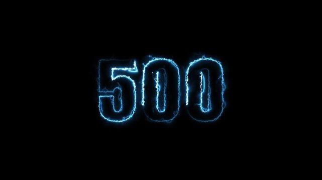 Bright neon text 500 number countdown icon animation isolated on black background