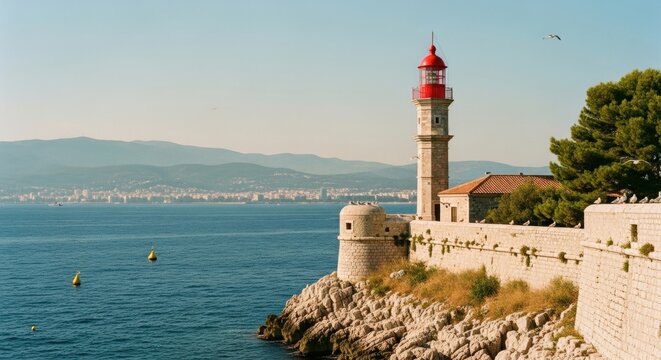 Historic lighthouse on a rocky Mediterranean coast. Maritime navigation and coastal landmark. Scenic travel destination with a European cityscape view. Summer holiday concept