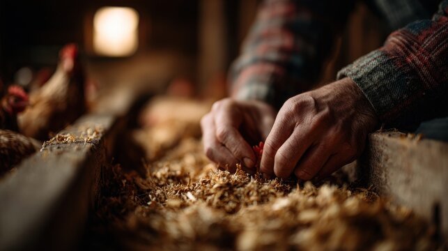 Farmer feeding chickens at sunrise farmyard photography early morning close-up agricultural harmony
