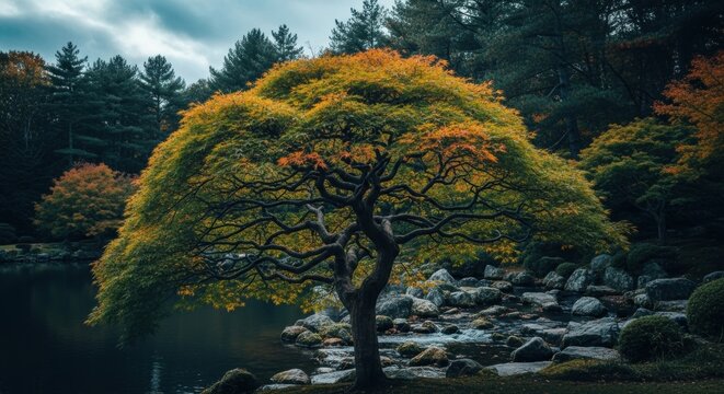 Gnarled Japanese maple tree with autumn foliage. Traditional zen garden with a rocky stream and pond. Natural landscape for wellness and contemplation