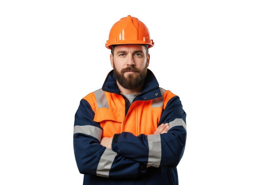 Bearded construction worker wearing orange hard hat and reflective vest with arms crossed isolated on transparent background