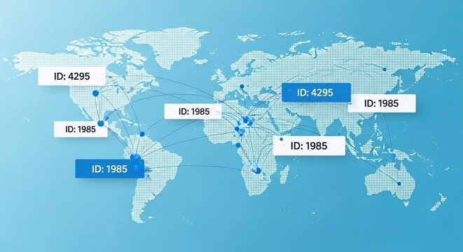 Global network connections with location IDs showing worldwide business reach and international communications for modern technology presentations and business strategies