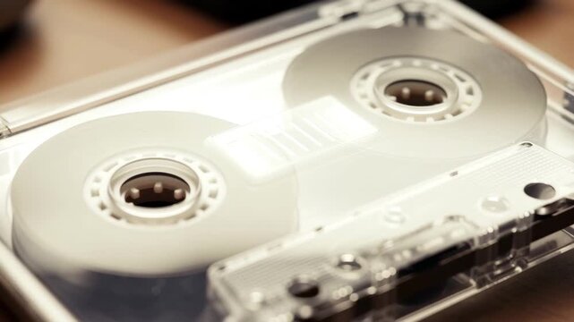 Close-up of a vintage audio cassette tape in its case. Retro 80s and 90s music technology. Analog media and nostalgia concept