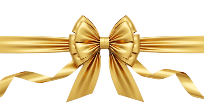 A golden ribbon tied in a bow with long tails against a black background in a horizontal view