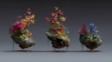 Floating rocks, vibrant plants in different hues, surreal scene