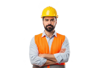 Serious bearded construction worker wearing yellow hard hat and orange safety vest with arms crossed isolated on transparent background